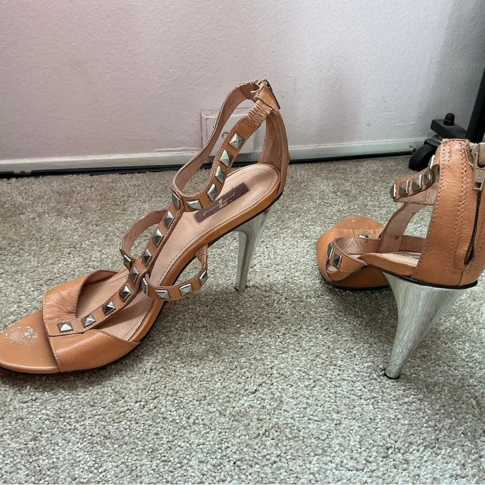 7 For All Mankind Tan Leather Stud T-Strap Heels